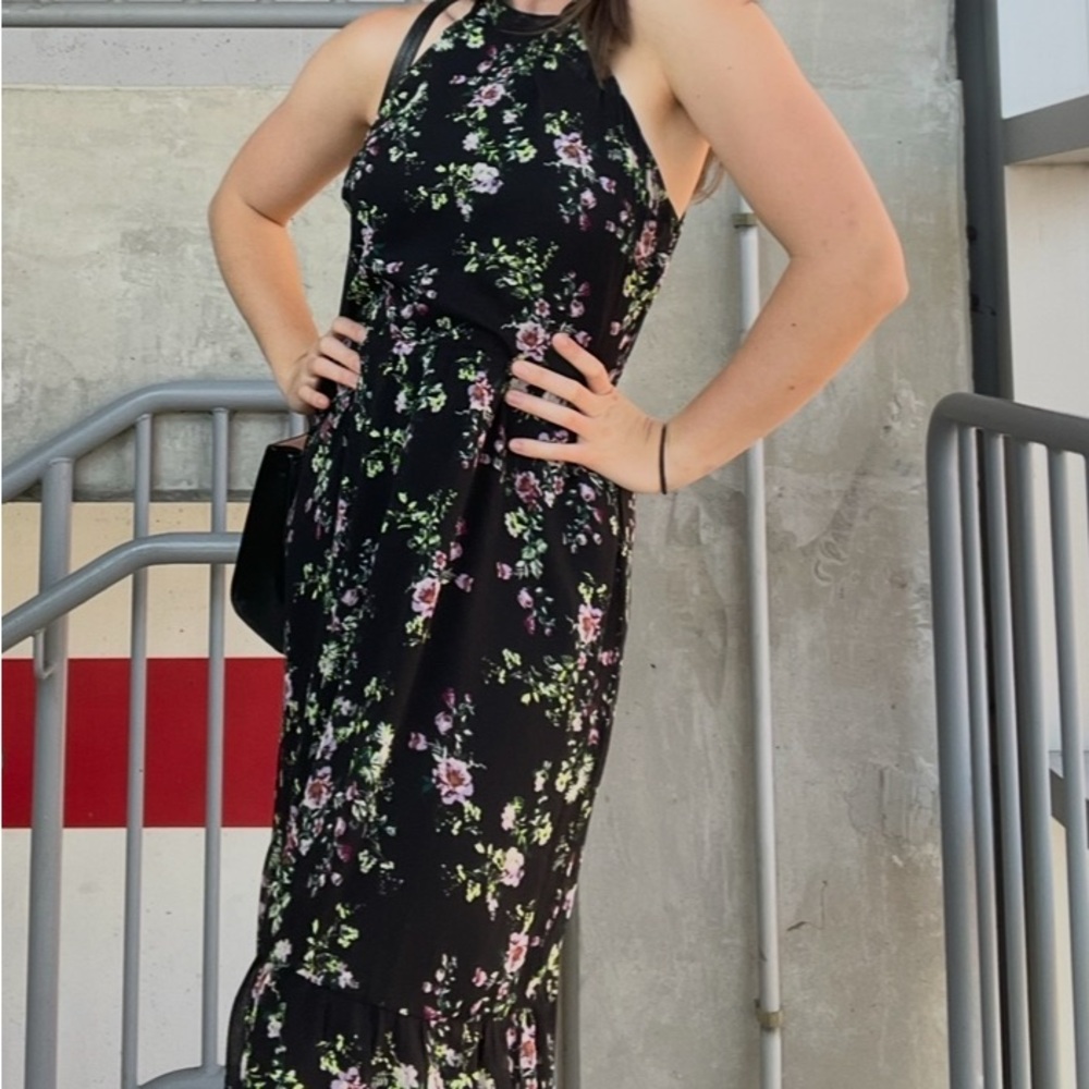 Floral Halter Neck Dress - Black